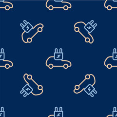 Line Electric car and electrical cable plug charging icon isolated seamless pattern on blue background. Renewable eco technologies. Vector