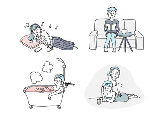 様々なリラックスタイムを過ごす女性　コミカルな手書きの人物　ベクター、線画にシンプルな色つけ　