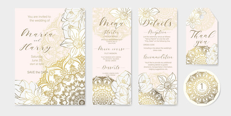 Big set of 5 luxury wedding invitation templates with gold outline spring flowers and mandala. Golden outline on a light pink background.