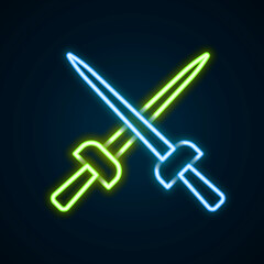 Glowing neon line Fencing icon isolated on black background. Sport equipment. Colorful outline concept. Vector