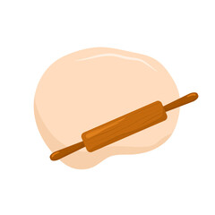 Rolled dough and rolling pin. Preparation homemade pizza or pasta. Top view. Stay home and cook healthy food by recipe. Vector illustration in flat cartoon style.