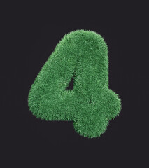 Grass number four. Eco symbol 4 withthe green lawn texture, isolated grassy digit, 3d rendering