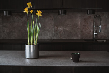Dark grey kitchen design - detail of interior. Spring flower daffodil, narcissus and cup of coffee on island or table countertop in modern kitchen room.