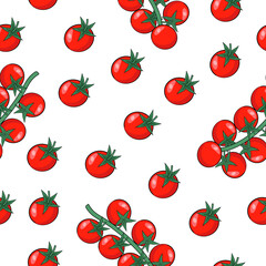 Seamless pattern of cherry tomatoes on a branch.Vegetable vector pattern can be used in textiles, packaging, postcards.