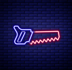 Glowing neon line Hand saw icon isolated on brick wall background. Colorful outline concept. Vector