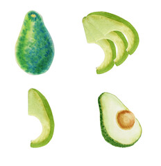 Watercolor avocado set. Half of the fruit with a stone and slices. Hand drawn green vegetable illustration on isolated background.