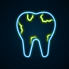 Glowing neon line Broken tooth icon isolated on black background. Dental problem icon. Dental care symbol. Colorful outline concept. Vector