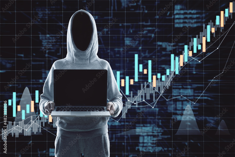 Poster Hacker hand holding empty mock up laptop screen with dark candlestick forex chart on blurry grid background. Trade, hacking, data, finance and invest concept. Double exposure.