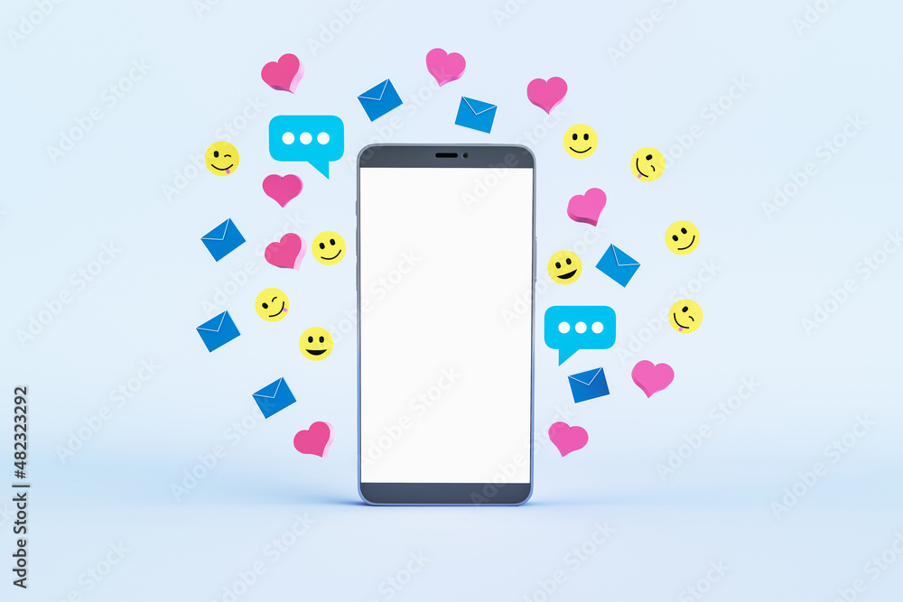 Aufkleber Close up of empty white mock up smartphone screen with colorful social media icons on light background. Communication, follow and connection concept. 3D Rendering.