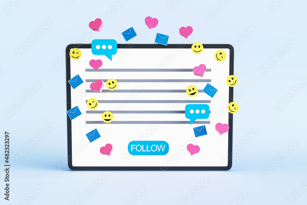 Poster Close up of white tablet with colorful social media icons on light background. Communication, follow and connection concept. 3D Rendering.