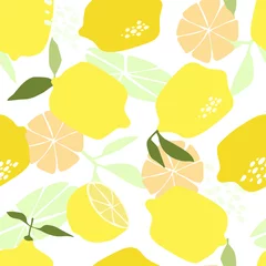 Wall murals Yellow Seamless pattern with lemon fruits, branches and leaves. Print with healthy fruits. Contemporary minimalistic ornament with vegan natural food. Vector graphics.