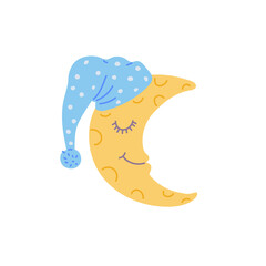 Cute childish half moon with calm face and nightcap, flat vector illustration isolated on white background.