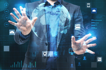 Businessman using abstract creative glowing globe hologram grid interface on blurry background. Digital transformation, innovation and future concept. Double exposure.