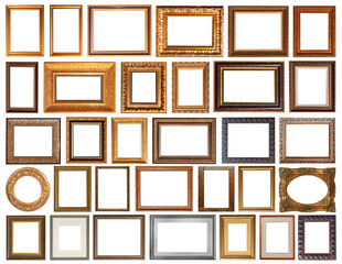 set of isolated antique frames gold gilding Silver on a white background