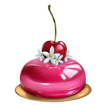 Tasty dessert cake with cherry. Hand drawn food illustration
