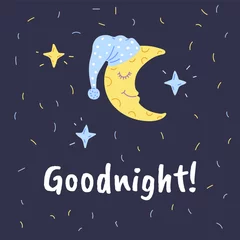  Good night card or poster design with sleeping moon, flat vector illustration. © sabelskaya