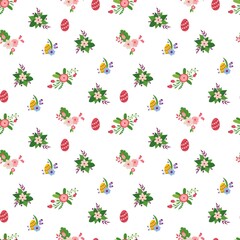 Fototapeta na wymiar Spring Seamless pattern with hand drawn flowers and easter eggs. Design for fabric, textile, wallpaper, packaging.