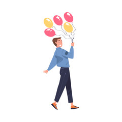 Man Walking with Bunch of Balloons Celebrating Holiday Vector Illustration