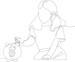 Continuous one line drawing of Teach child girl to save coin into a piggy-bank to manage finances save money spend earnings with economy plan family budget. Vector illustration