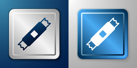 White Sugar stick packets icon isolated on blue and grey background. Blank individual package for bulk food products as coffee, salt, spices. Silver and blue square button. Vector