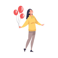 Woman with Bunch of Balloons Celebrating Holiday Vector Illustration