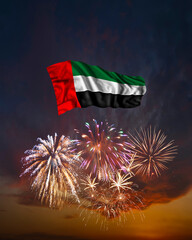 Holiday fireworks and flag of United Arab Emirates