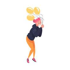 Woman with Bunch of Balloons Celebrating Holiday Vector Illustration