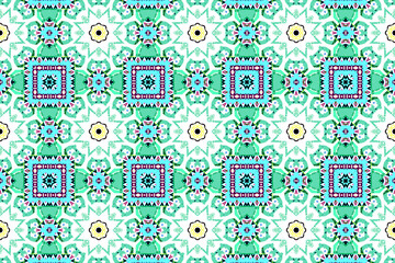 Abstract pattern on a colored background. Background with elements of geometric shapes. Geometric ornament. A kaleidoscope consisting of mandalas. Abstract wallpaper.