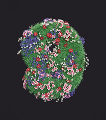 A grass and flower colvered number 9 on which colorful flowers grow. Isolated ecologic number 9 on dark background, 3d Renderding