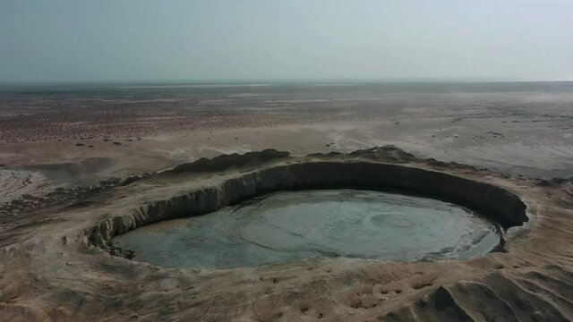 Aerial View Of Mud Pool At Volcano In Hingol National Park In Balochistan. Circle Dolly