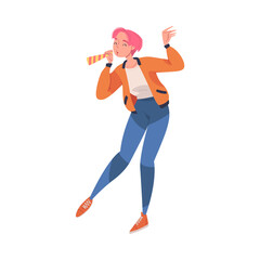 Woman Blowing Whistle Celebrating Birthday Holiday Vector Illustration