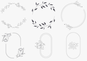 Floral Wreath branch in hand drawn style. Floral black and white frame of twigs, leaves and flowers. Frames for the Valentine's day, wedding decor, logo and identity template.