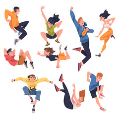 Jumping People Character Feeling Freedom and Motion Flying in Mid Air Vector Illustration Set
