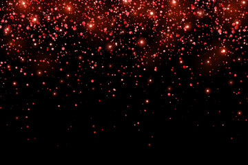 Red glitter holiday confetti with glow lights on black background. Vector