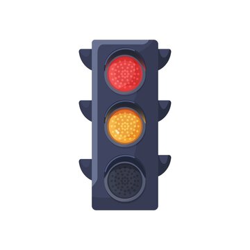 Red and yellow signals of traffic light. Semaphore with stop and warning signs. Stoplights led lamps for crossroads security and regulation. Flat vector illustration isolated on white background