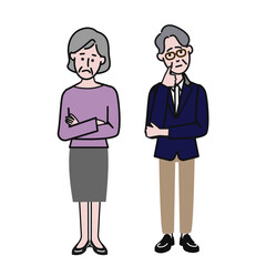 困った顔をしたシニアカップルの白背景に線画の動画にも使えるシンプルなイラスト