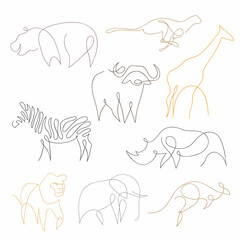 One line safari animals set design silhouette. Hand drawn minimalism style vector illustration