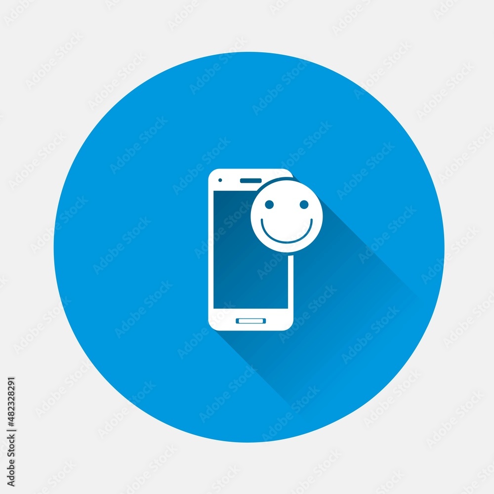 Aufkleber vector phone icon with positive emotion on blue background. flat image with long shadow. layers grou