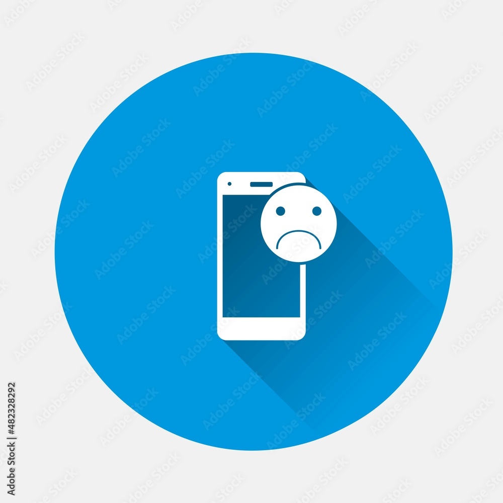 Poster vector phone icon with negative emotion on blue background. flat image with long shadow. layers grou