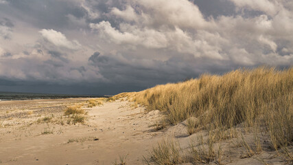 on the beach of the baltic sea with clouds, dunes and beach. Hiking in autumn.