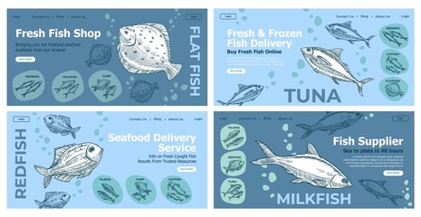 Fish shop, seafood delivery business web page set