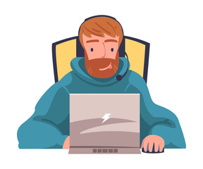 Young Man in Self-isolation Playing Video Game at Laptop and with Headset Vector Illustration