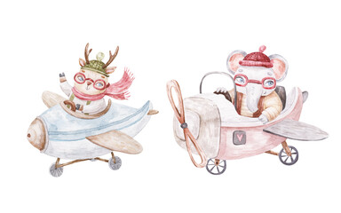 pilot deer and elephant flying on airplanes, cute watercolor childrens illustration isolated on white background
