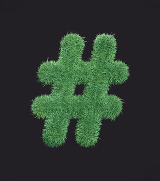 Grass hash-tag symbol. Eco pound-sign symbol withthe green lawn texture, isolated grassy digit, 3d rendering