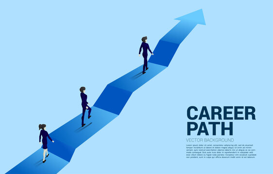 Silhouette of businessman and businesswoman walking on step up arrow. Concept of career path and start business