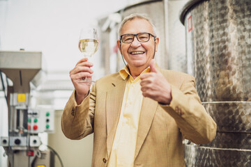 Portrait of happy senior man who owns winery. He is standing beside wine storage tanks and tasting wine.