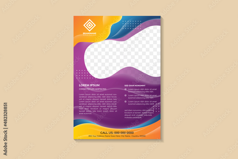 Poster abstract liquid flyer design template use vertical layout. purple gradient background with yellow and blue gradient on element. shape for space of photo collage.