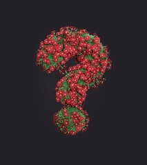 A grassy question mark symbol symbol on which red-colored flowers grow. Isolated eco number on dark background, 3d Renderding