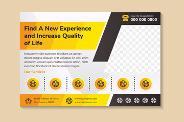 new experience quality life flyer design template use horizontal layout. grey gradient background with yellow and brown gradient on element and infographic. diagonal shape for space of photo collage.