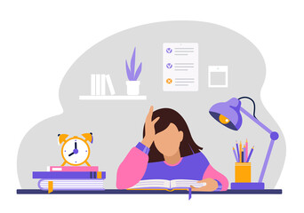 Student sits at the table and studies, does homework with open books